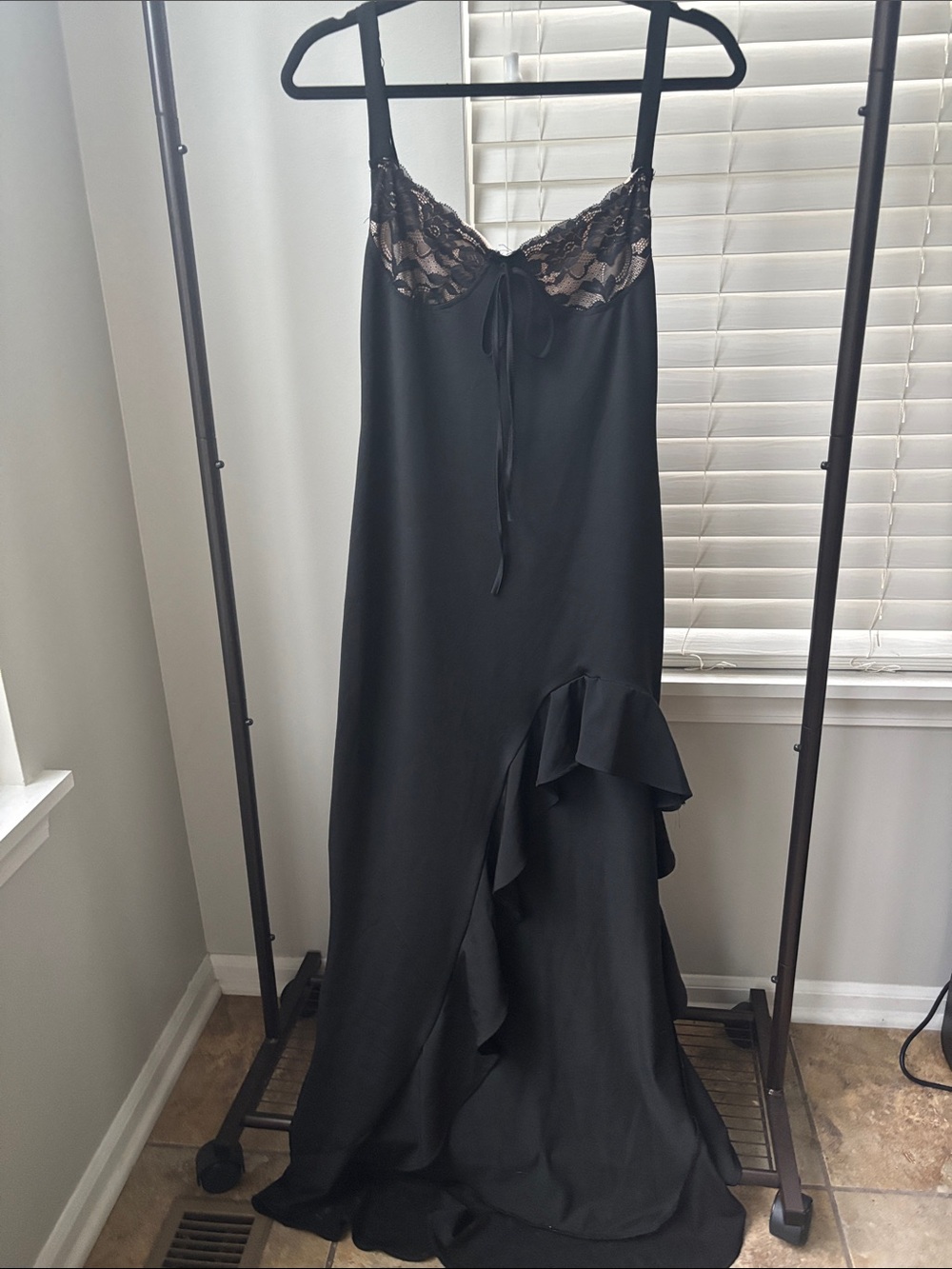 Black Satin Slip Dress with Lace Bust